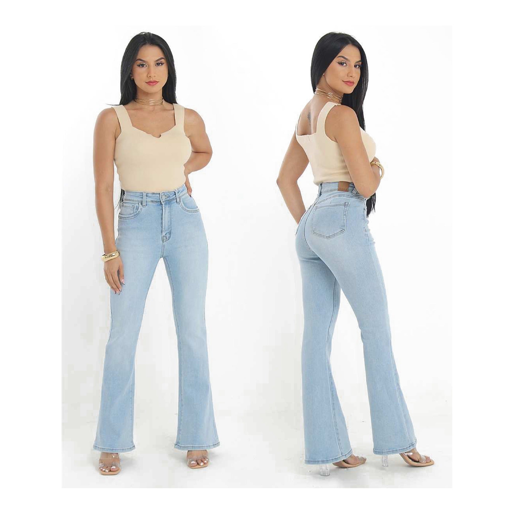 JEANS TIRO ALTO ACAMPANADO CELESTE